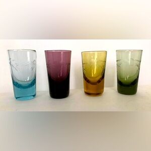 Four vintage etched shot glasses rainbow